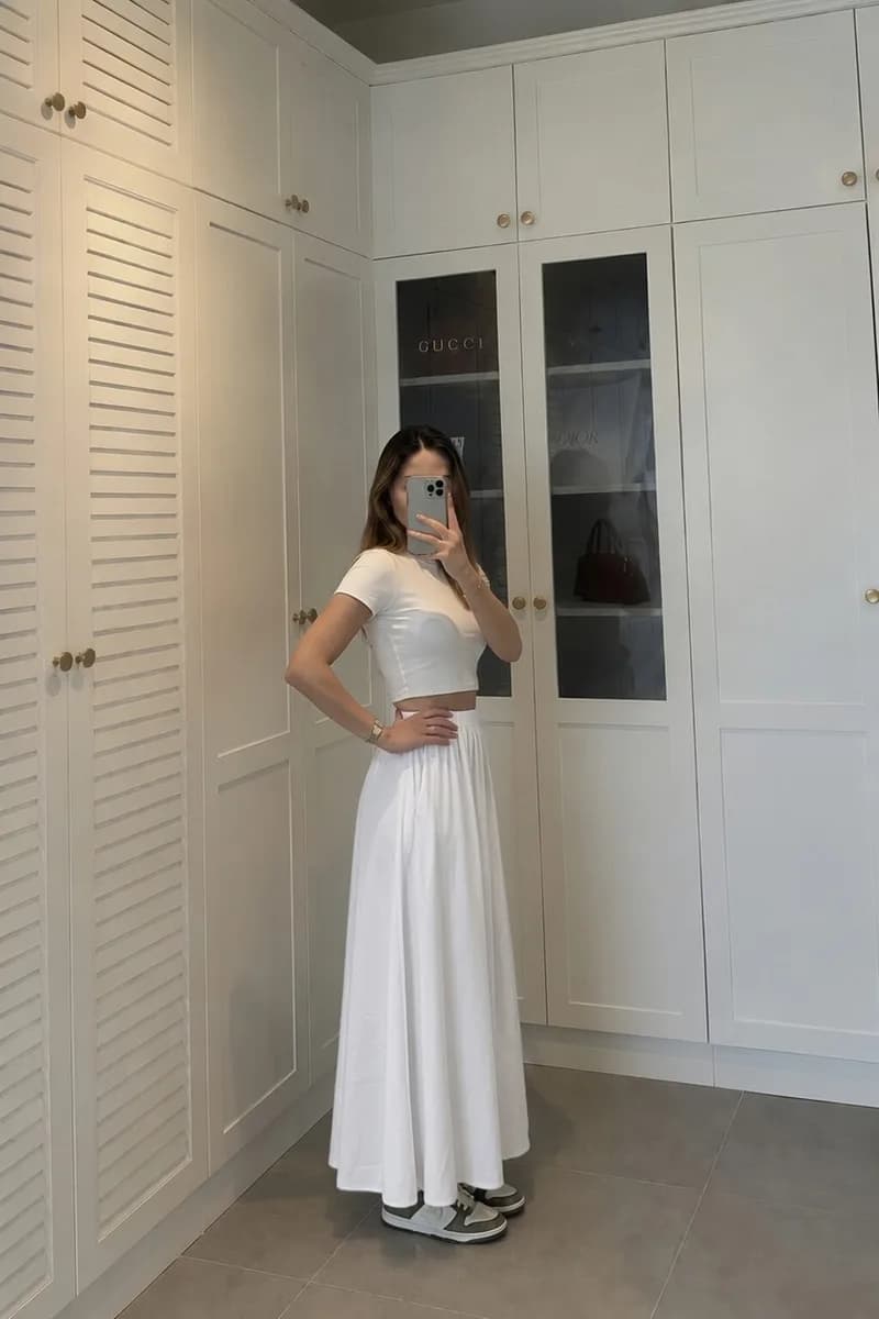 Kadın Beyaz Poplin Kumaş Uzun Etek Beli Lastikli Günlük Maxi Etek 90 CM 2
