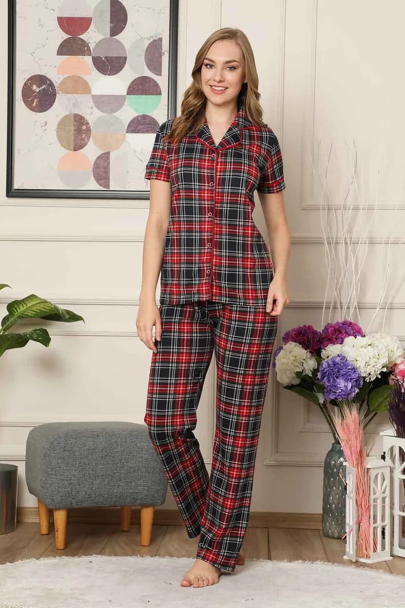 Bayan Pijama Takım - Ekoseli Önden Düğmeli Penye Kısa Kollu 2