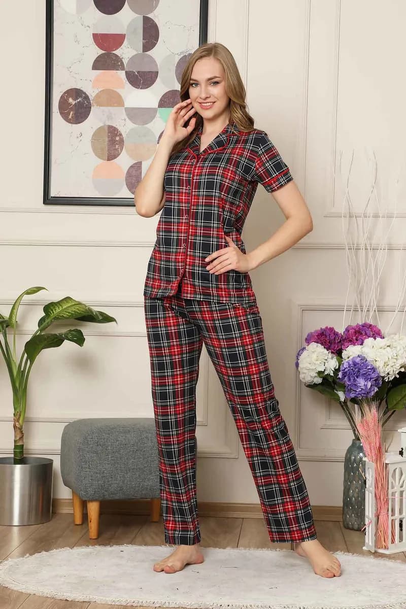 Bayan Pijama Takım - Ekoseli Önden Düğmeli Penye Kısa Kollu 1