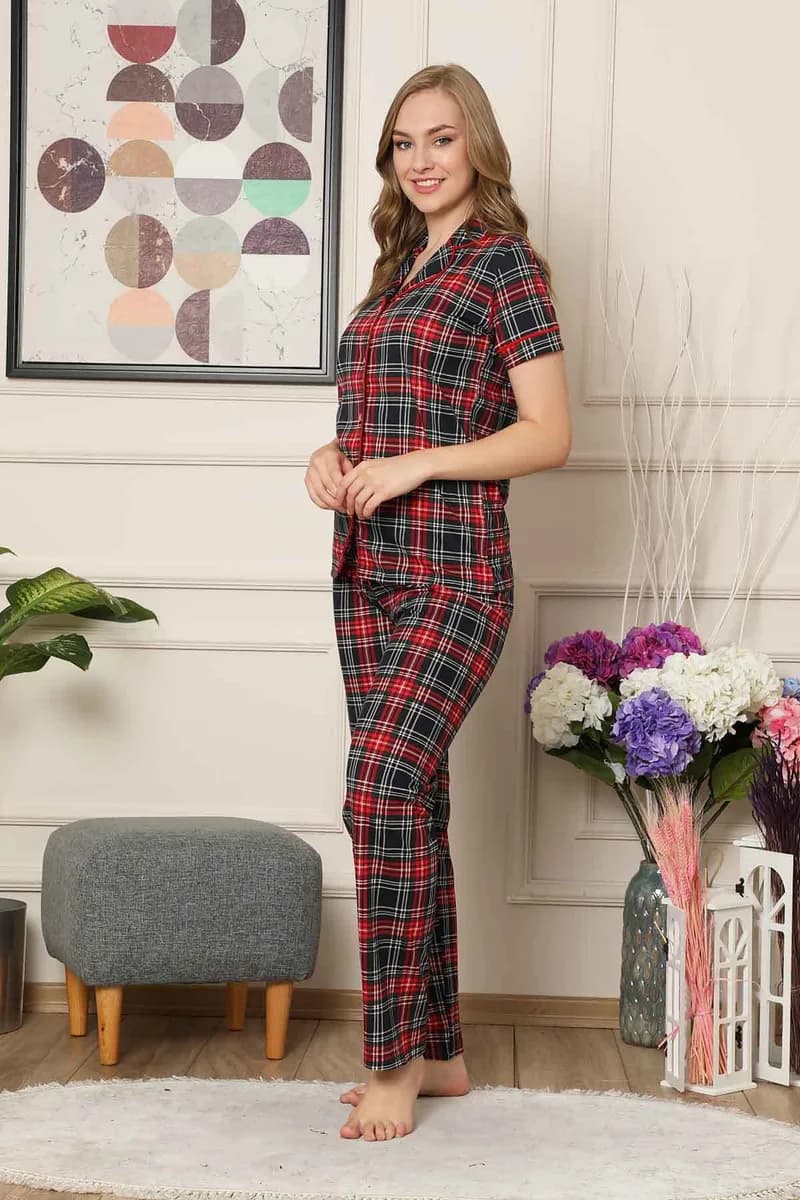 Bayan Pijama Takım - Ekoseli Önden Düğmeli Penye Kısa Kollu 3