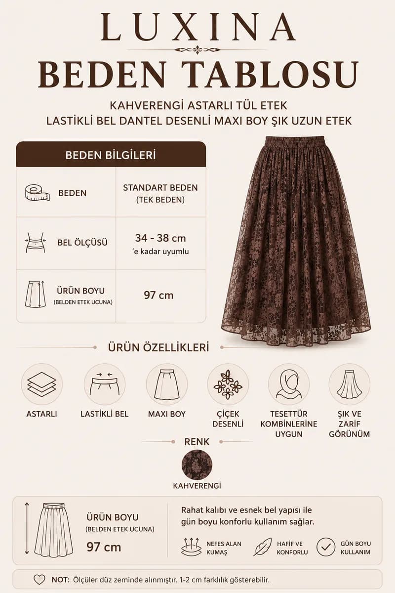 Kahverengi Astarlı Tül Etek – Lastikli Bel Dantel Desenli Maxi Boy Şık Uzun Etek 4