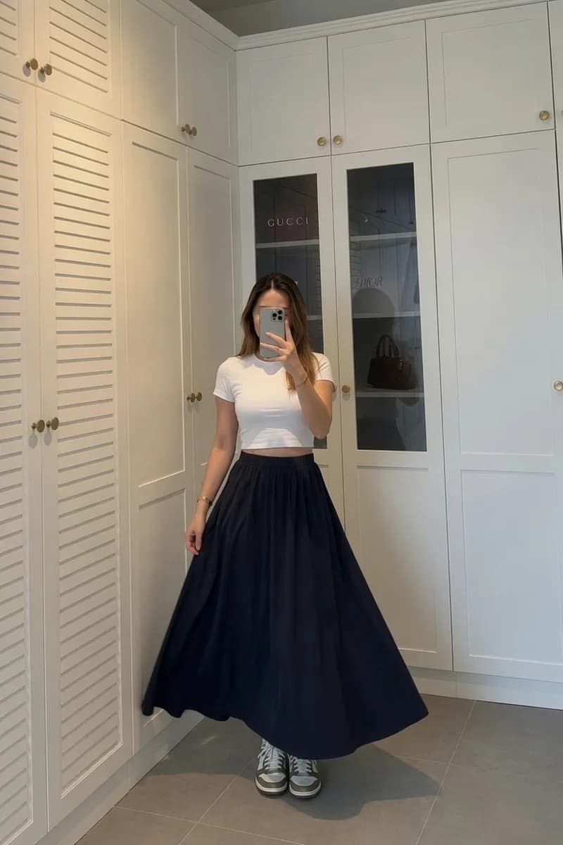 Kadın Lacivert Poplin Kumaş Uzun Etek Beli Lastikli Günlük Maxi Etek 90 CM 4