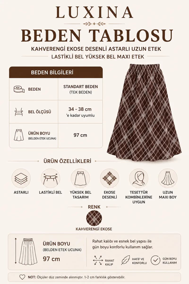 Kahverengi Ekose Desenli Astarlı Uzun Etek – Lastikli Bel Yüksek Bel Maxi Etek 6