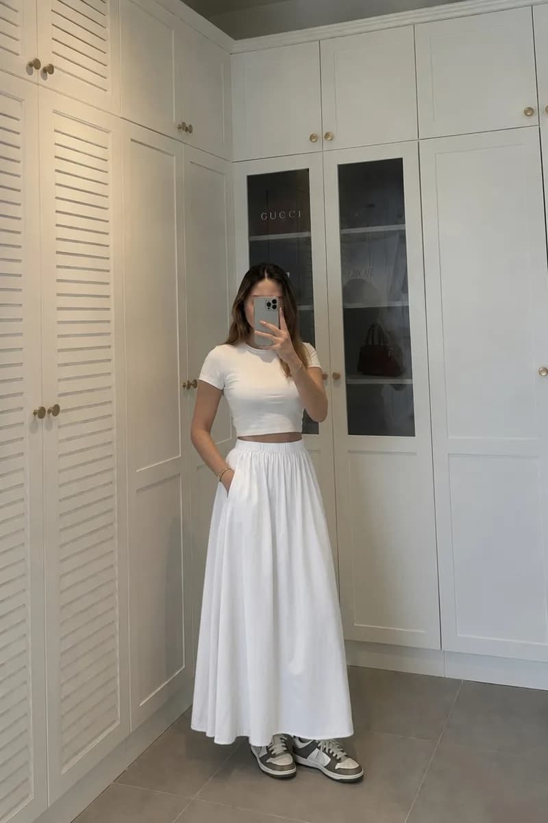 Kadın Beyaz Poplin Kumaş Uzun Etek Beli Lastikli Günlük Maxi Etek 90 CM 1