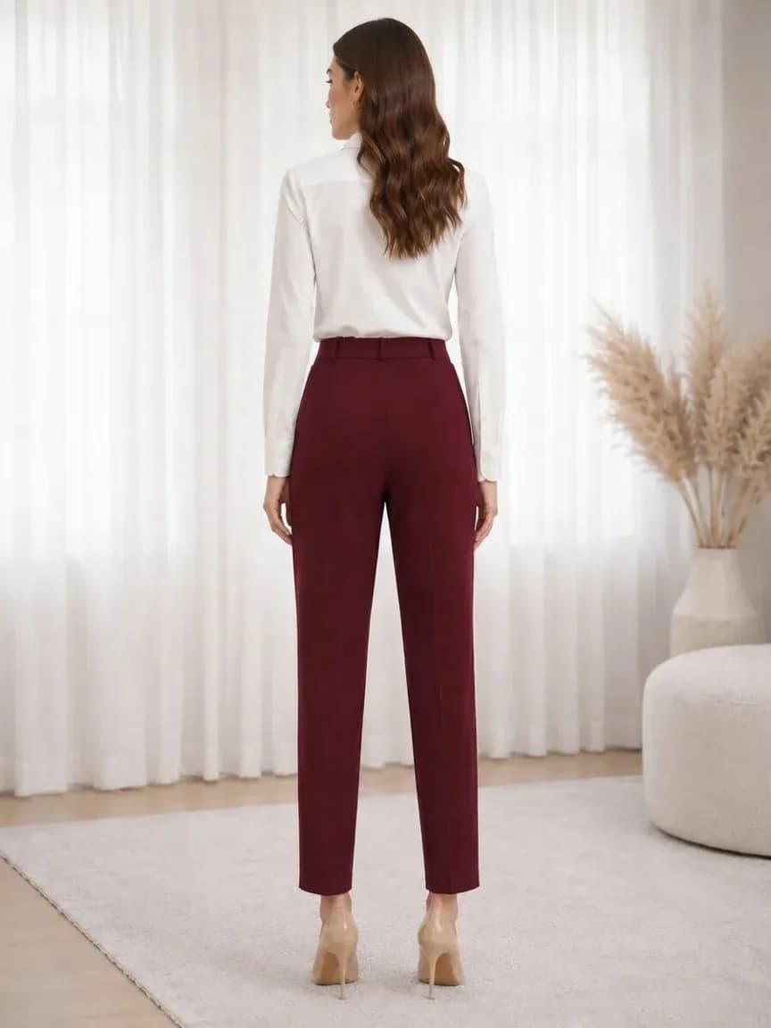 Kadın Bordo Yüksek Bel Kumaş Havuç Pantolon 3