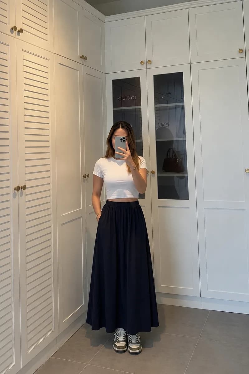 Kadın Lacivert Poplin Kumaş Uzun Etek Beli Lastikli Günlük Maxi Etek 90 CM 1