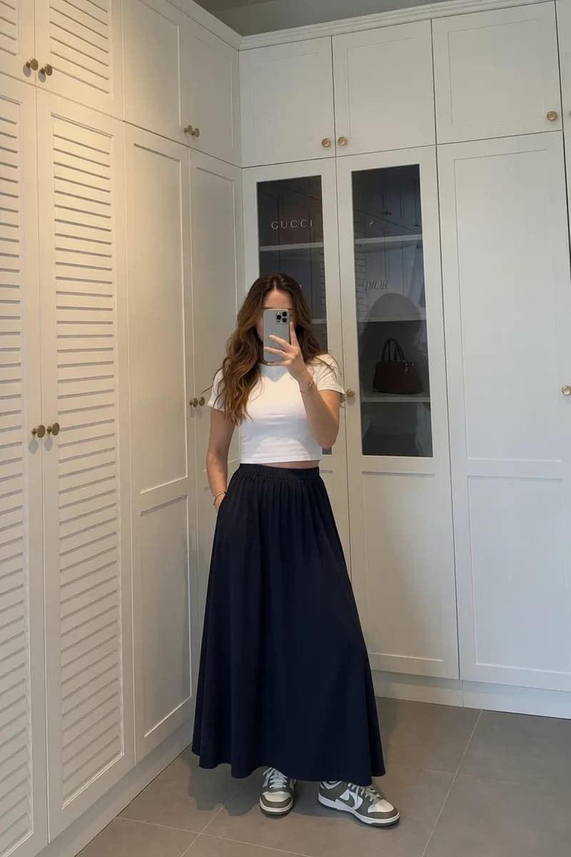 Kadın Lacivert Poplin Kumaş Uzun Etek Beli Lastikli Günlük Maxi Etek 90 CM 5
