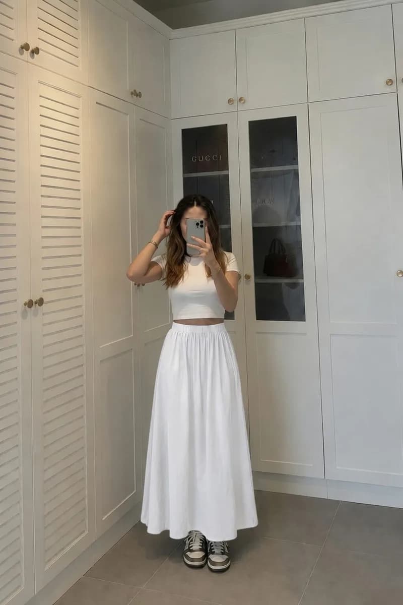 Kadın Beyaz Poplin Kumaş Uzun Etek Beli Lastikli Günlük Maxi Etek 90 CM 4