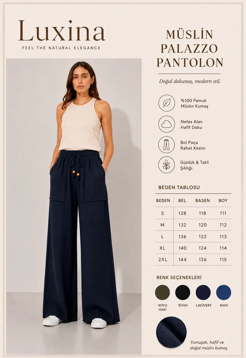 Kadın Lacivert Müslin Bol Paça Lastikli Rahat Pantolon 6