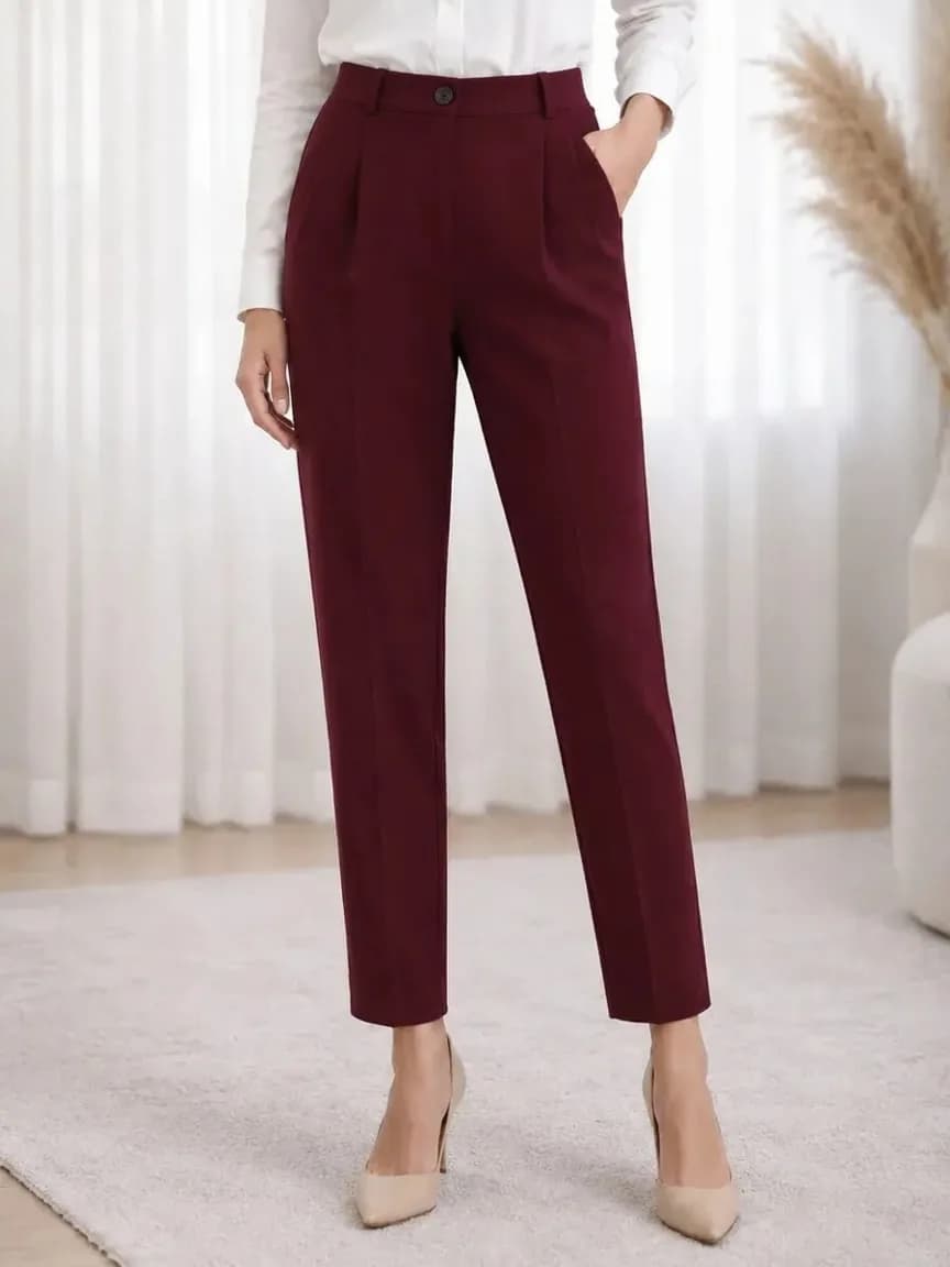 Kadın Bordo Yüksek Bel Kumaş Havuç Pantolon 4