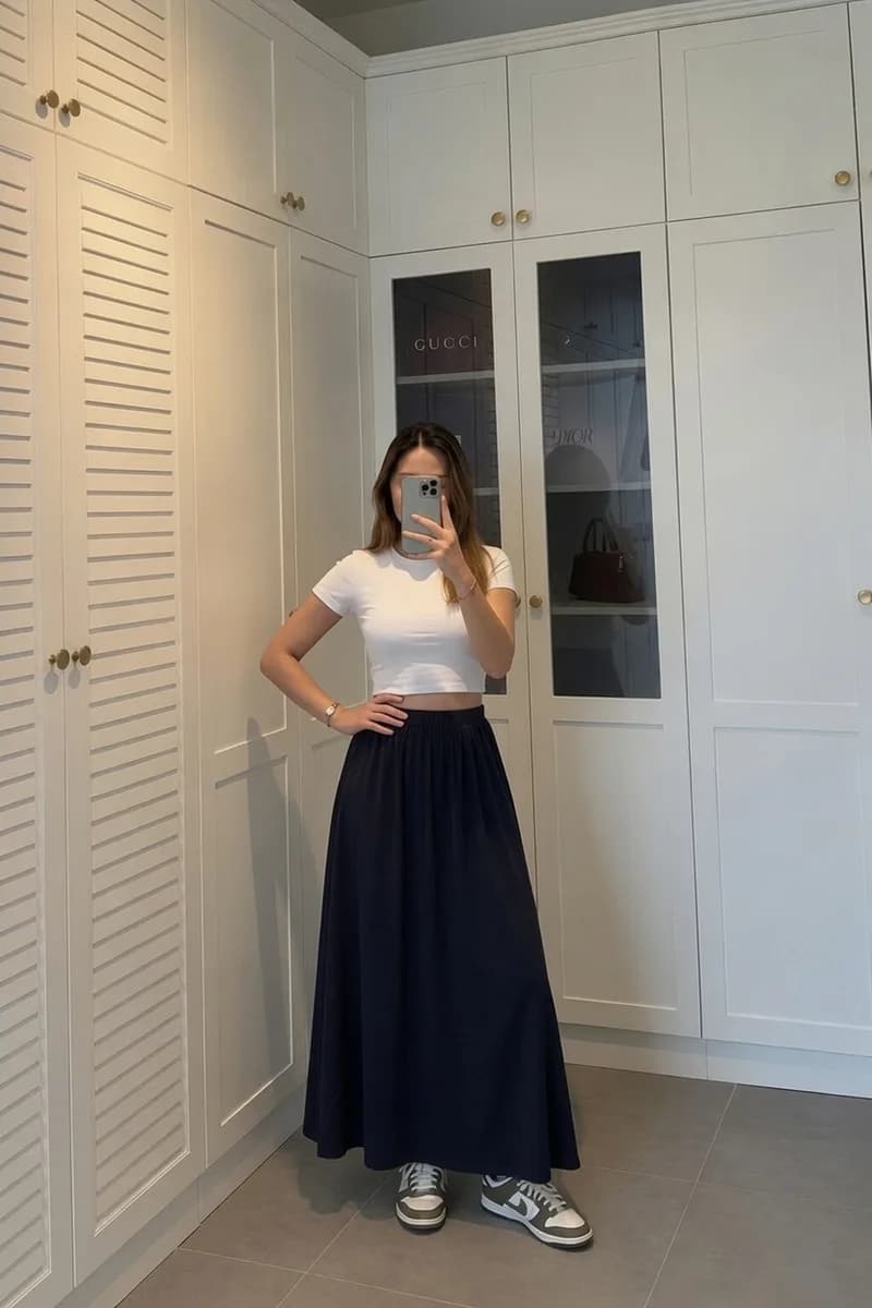 Kadın Lacivert Poplin Kumaş Uzun Etek Beli Lastikli Günlük Maxi Etek 90 CM 7
