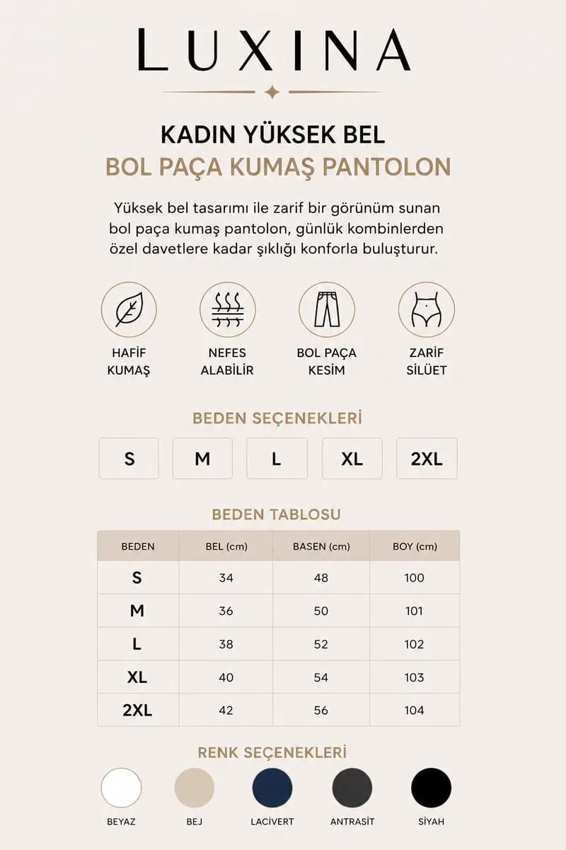 Kadın Bej Yüksek Bel Bol Paça Kumaş Pantolon 8