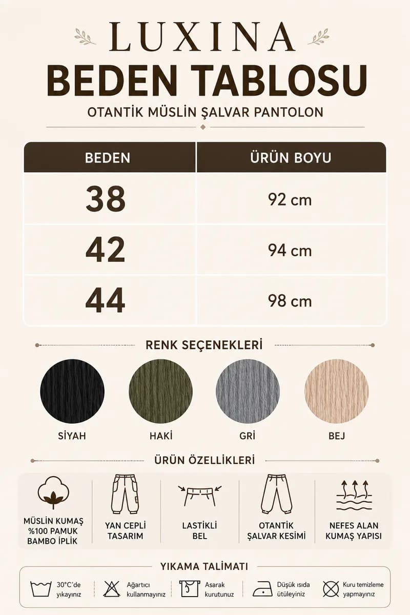 Kadın Haki Müslin Otantik Şalvar Pantolon Yan Cepli %100 Pamuk Bambo İplik 6