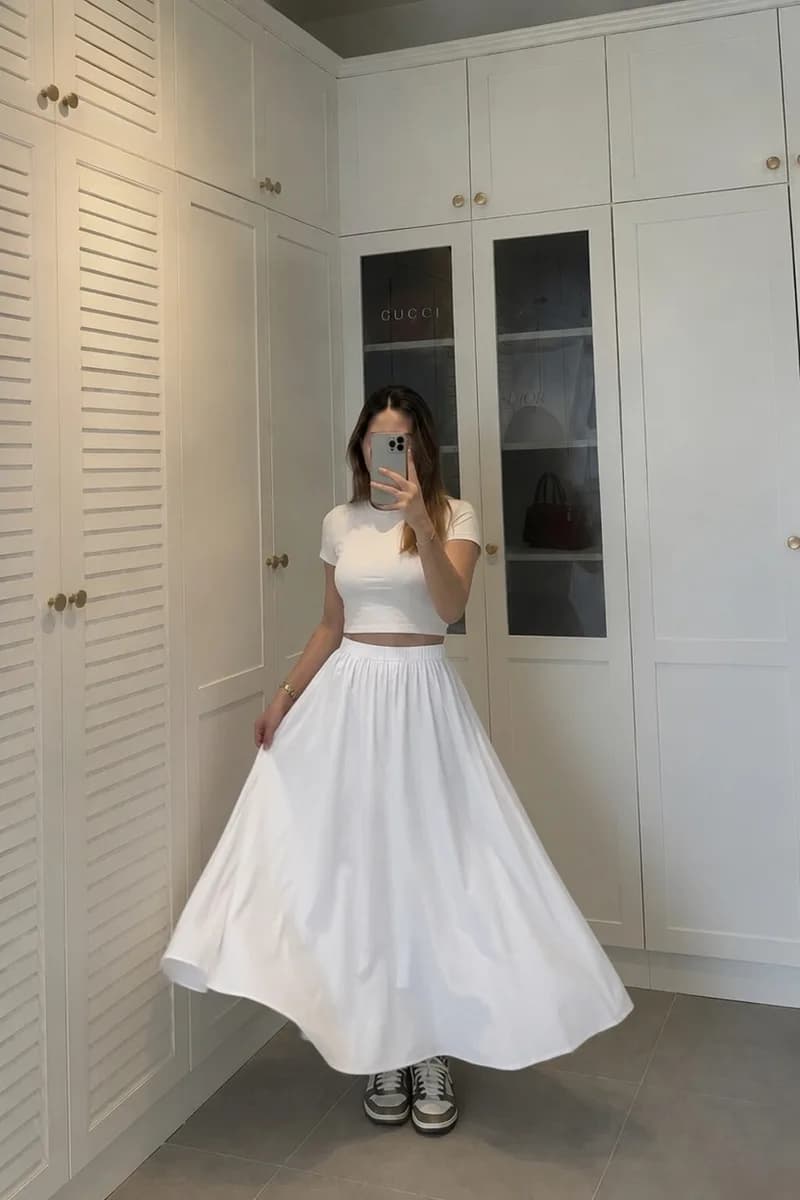 Kadın Beyaz Poplin Kumaş Uzun Etek Beli Lastikli Günlük Maxi Etek 90 CM 3