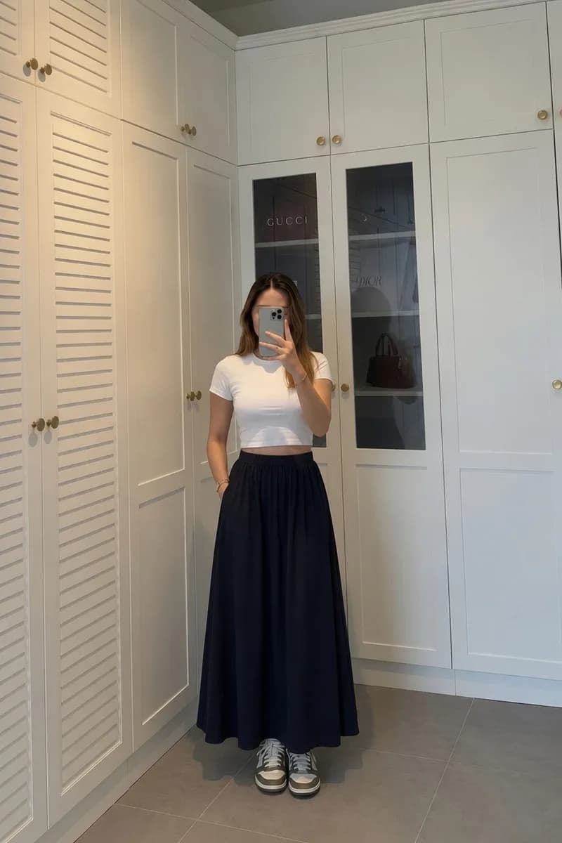 Kadın Lacivert Poplin Kumaş Uzun Etek Beli Lastikli Günlük Maxi Etek 90 CM 2