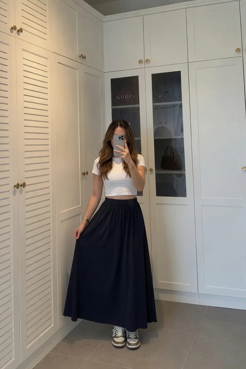 Kadın Lacivert Poplin Kumaş Uzun Etek Beli Lastikli Günlük Maxi Etek 90 CM 6
