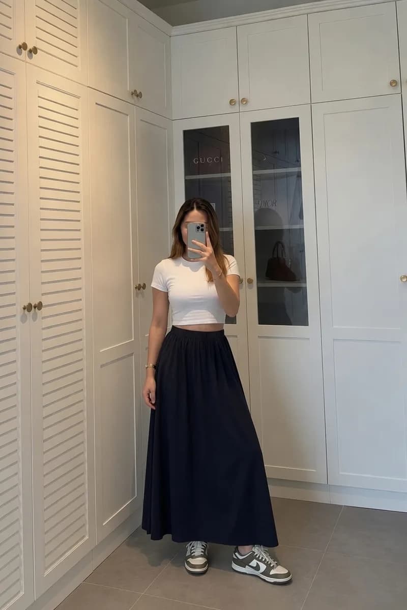Kadın Lacivert Poplin Kumaş Uzun Etek Beli Lastikli Günlük Maxi Etek 90 CM 3